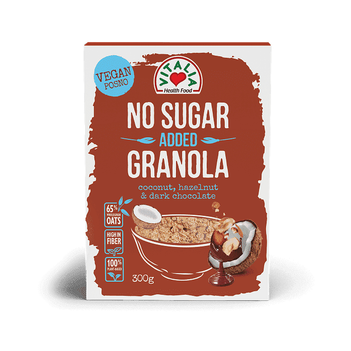 vitalia-granola-dark-chocolate-coconut-and-hazelnut-no-sugar-added-300g-5310099023800 Granola Dark Chocolate Coconut & Hazelnut No Sugar Added 300g – Image 1